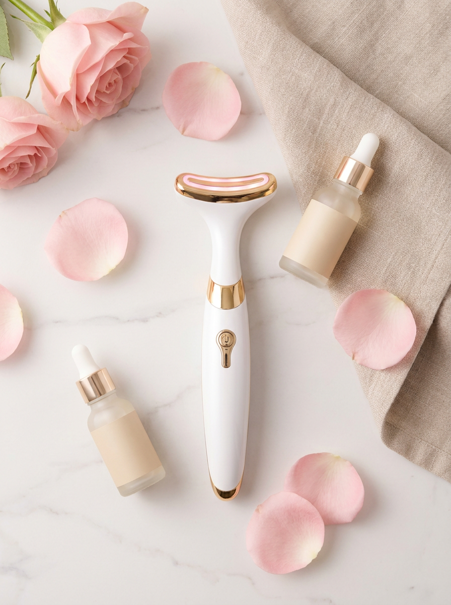 LUMIQ NeckLift Pro — flatlay luxe sur marbre avec roses et sérums
