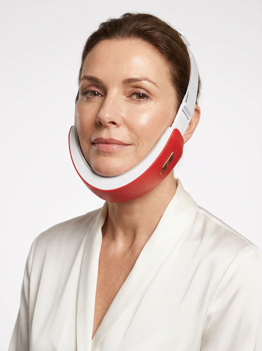 LUMIQ FaceLift Pro™ — Woman wearing EMS jaw device, confident results